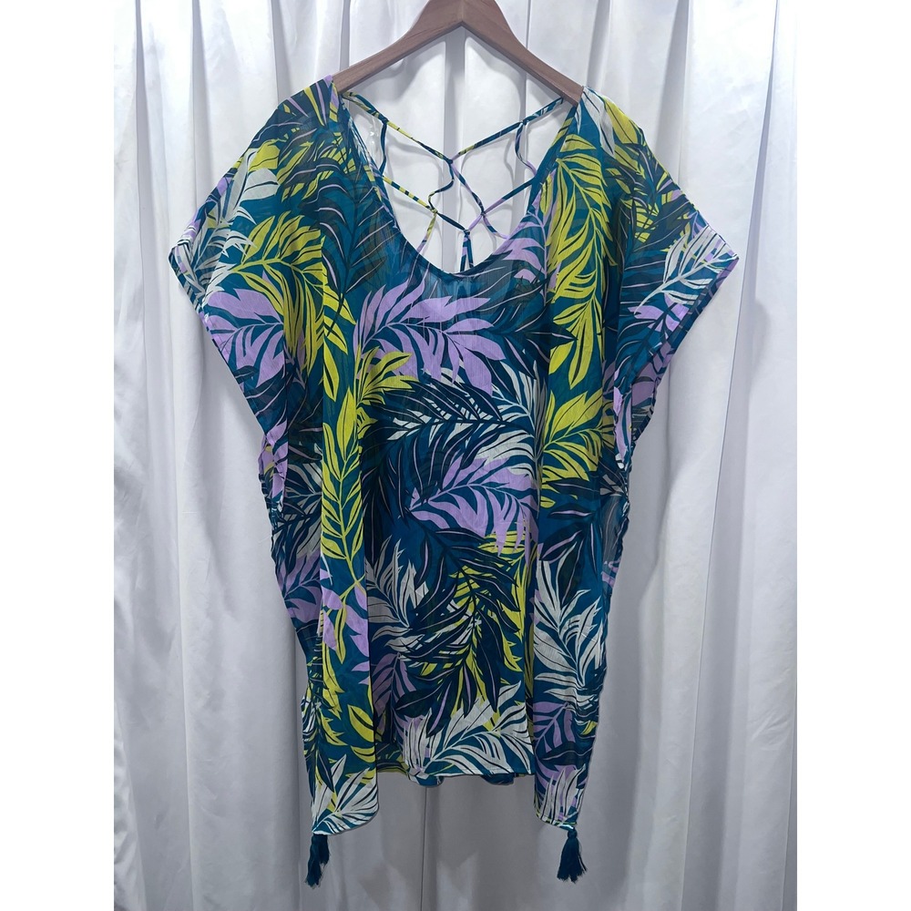 Palisades Beach Club Tropical Palm Print Kaftan Swim Cover Up Teal Purple M/L